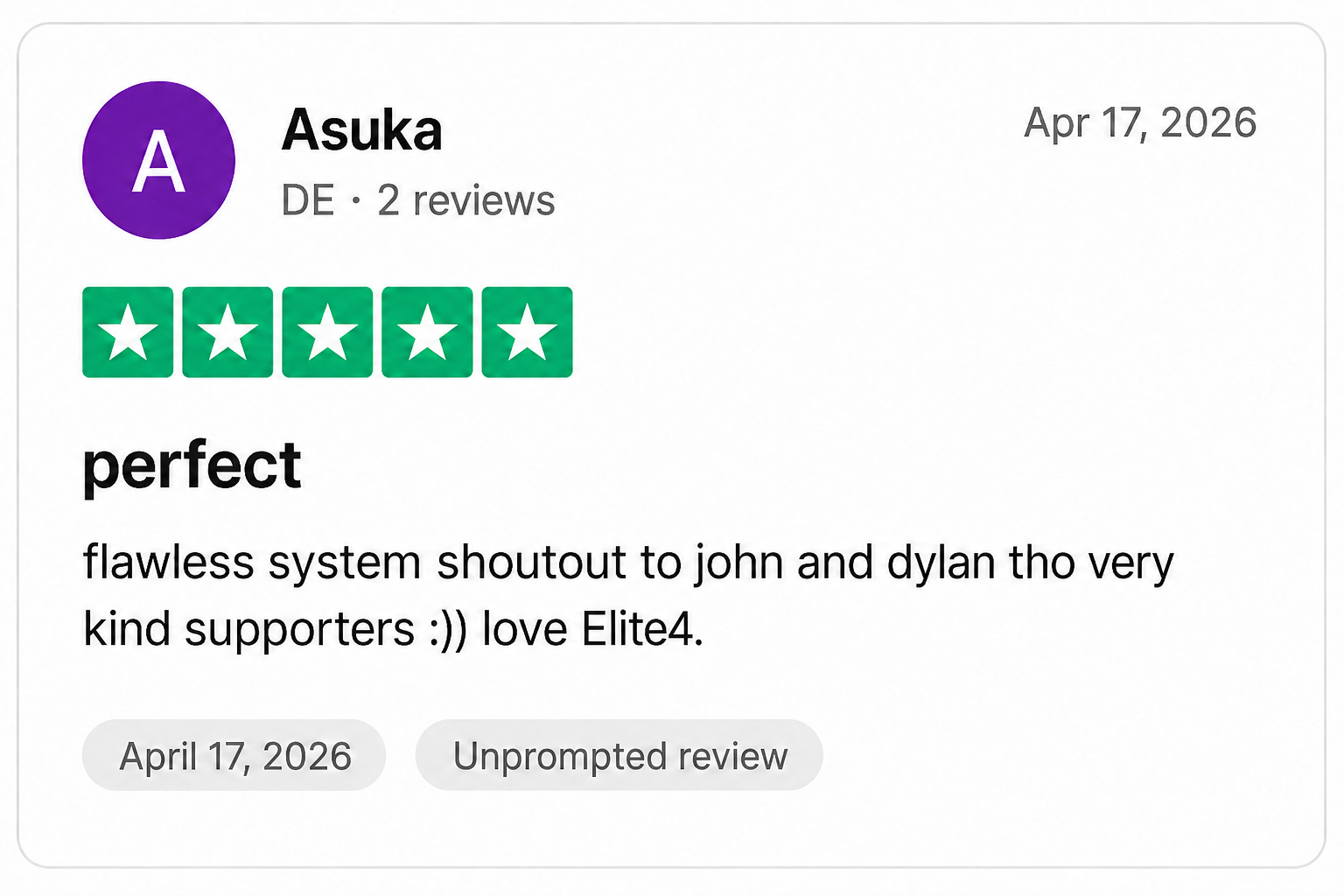 Trustpilot review from Asuka — 5 stars, perfect with Elite4