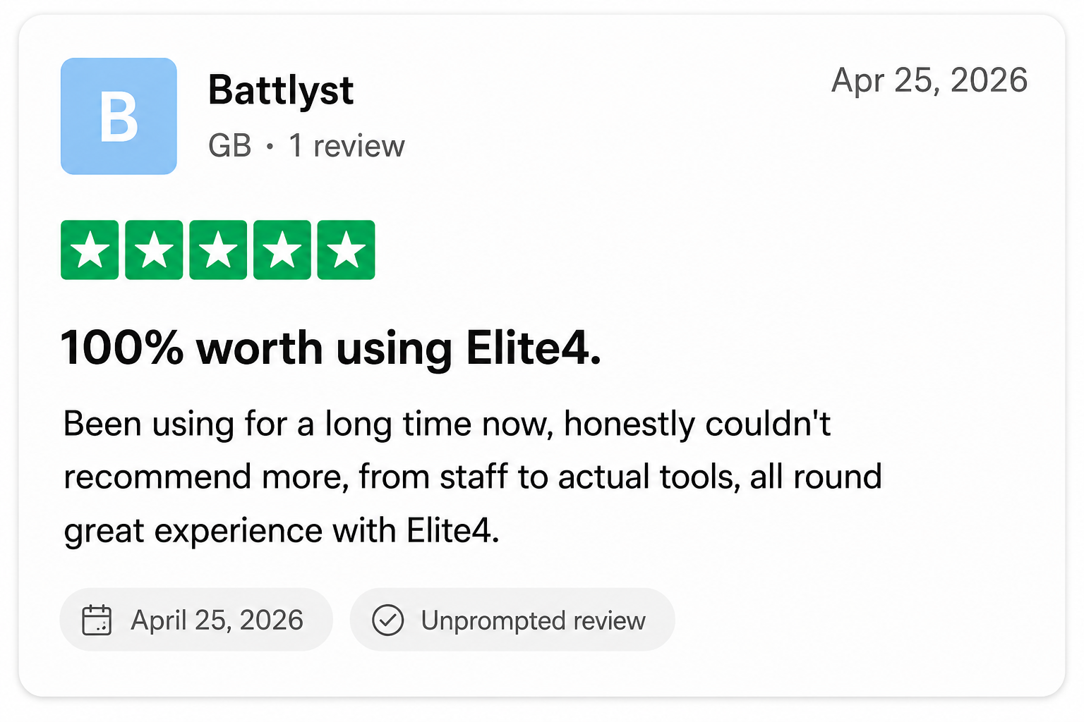 Trustpilot review from Battlyst — 5 stars, 100% worth using Elite4