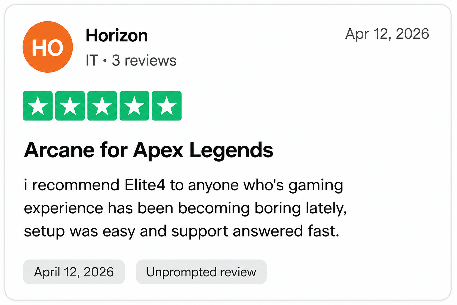 Trustpilot review from Horizon — 5 stars, recommends Elite4